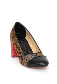 Black Brocade Heels with Pink Brocade Block Heels image 5