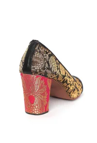 Black Brocade Heels with Pink Brocade Block Heels image 6