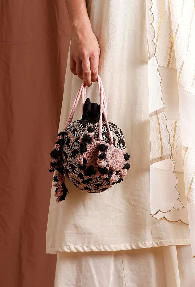 Black Dupion Silk Potli with Pink Strings