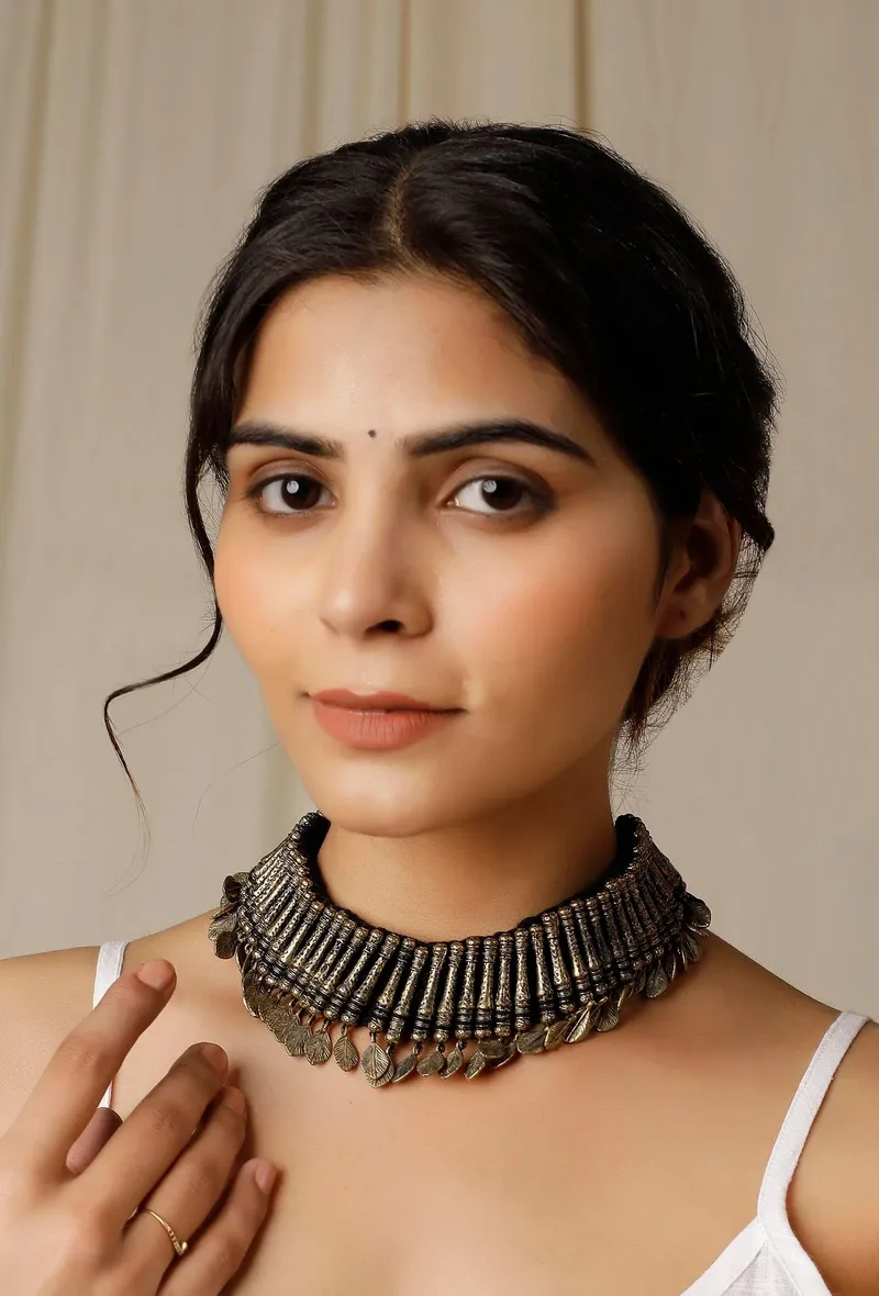 Sama Black Silver Brass Tribal Necklace