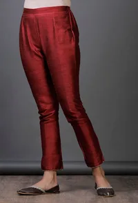 Maroon Raw Silk Zari Crochet Hem Pajama image 2