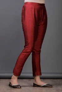 Maroon Raw Silk Zari Crochet Hem Pajama image 3