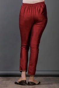 Maroon Raw Silk Zari Crochet Hem Pajama image 4