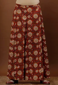 Set of 3: Rust Red & Beige Kalamkari Cotton Kurta With Red Flared Pants & Beige Kota Dupatta image 4