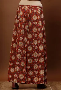 Set of 3: Rust Red & Beige Kalamkari Cotton Kurta With Red Flared Pants & Beige Kota Dupatta image 5