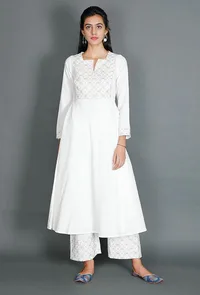 White Anarkali With Beige Kantha Embroidered Yoke image 1
