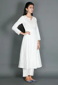 White Anarkali With Beige Kantha Embroidered Yoke image 2