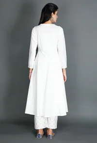 White Anarkali With Beige Kantha Embroidered Yoke image 3