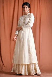 Off White Golden Cotton A-Line  Kurta image 1