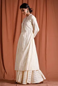 Off White Golden Cotton A-Line  Kurta image 2