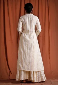 Off White Golden Cotton A-Line  Kurta image 4