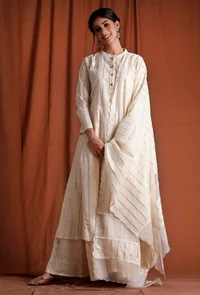 Off White Golden Cotton A-Line  Kurta image 5