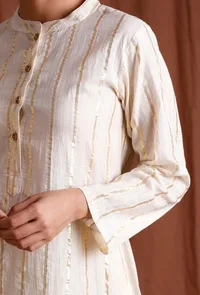 Off White Golden Cotton A-Line  Kurta image 6