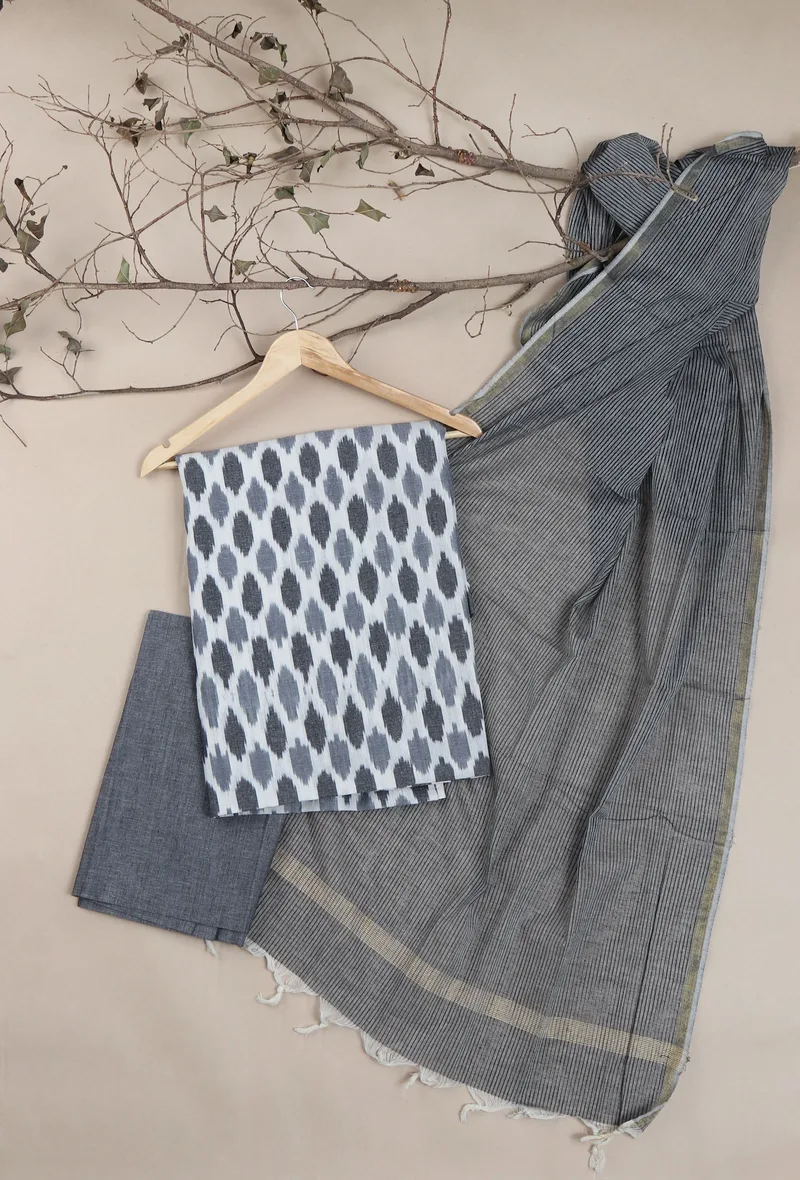 Set of 3: Grey Ikat Cotton Suit with Bottoms and Dupatta