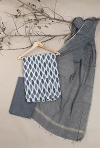 Set of 3: Grey Ikat Cotton Suit with Bottoms and Dupatta image 1