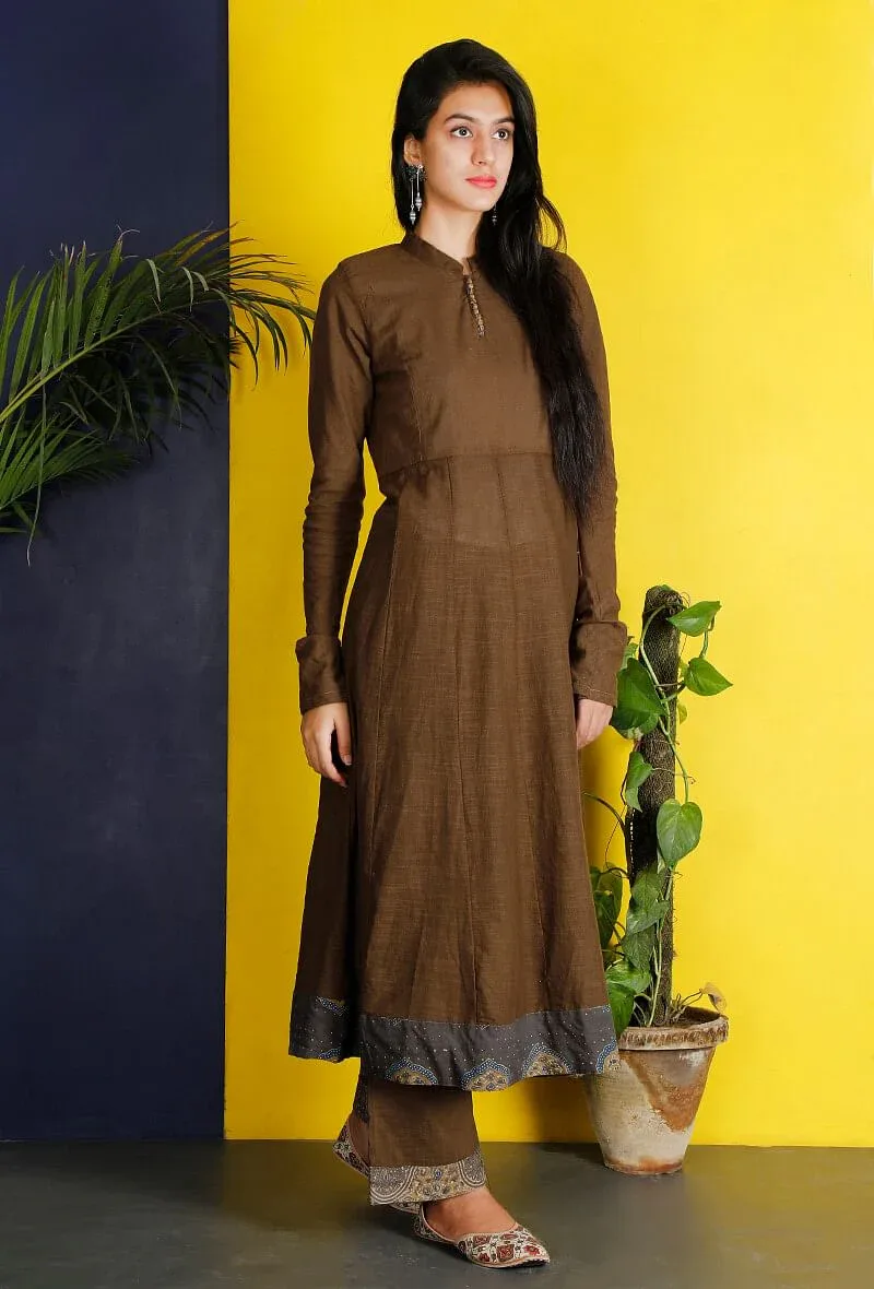 Khaki Green Cotton Anarkali With Ajrakh Border