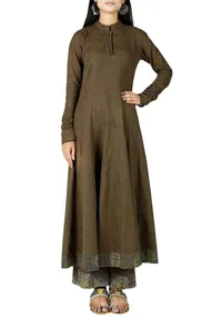 Khaki Green Cotton Anarkali With Ajrakh Border image 2