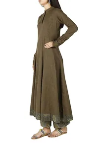 Khaki Green Cotton Anarkali With Ajrakh Border image 3