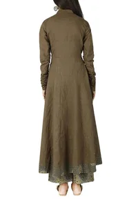 Khaki Green Cotton Anarkali With Ajrakh Border image 4