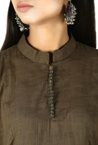 Khaki Green Cotton Anarkali With Ajrakh Border image 5