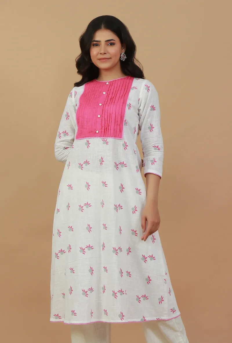 White & Pink Hand Block Printed Kurta with Pleated Yoke