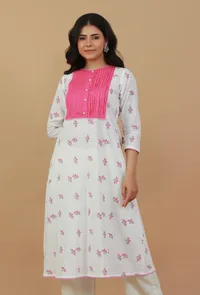 White & Pink Hand Block Printed Kurta with Pleated Yoke image 1