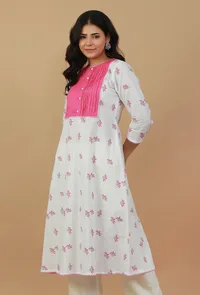White & Pink Hand Block Printed Kurta with Pleated Yoke image 2