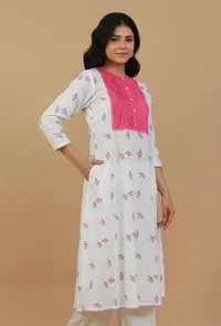 White & Pink Hand Block Printed Kurta with Pleated Yoke image 3