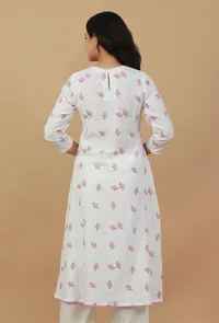 White & Pink Hand Block Printed Kurta with Pleated Yoke image 4