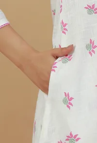 White & Pink Hand Block Printed Kurta with Pleated Yoke image 6