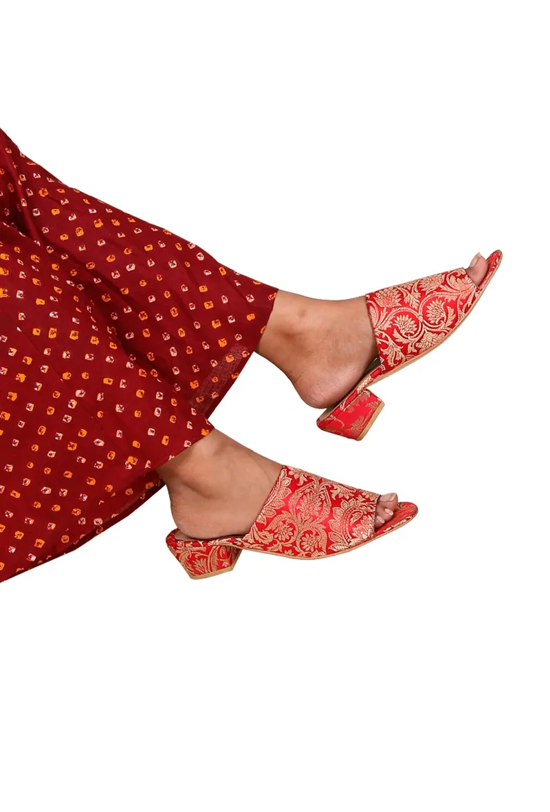 Rose Red Brocade Block Heels