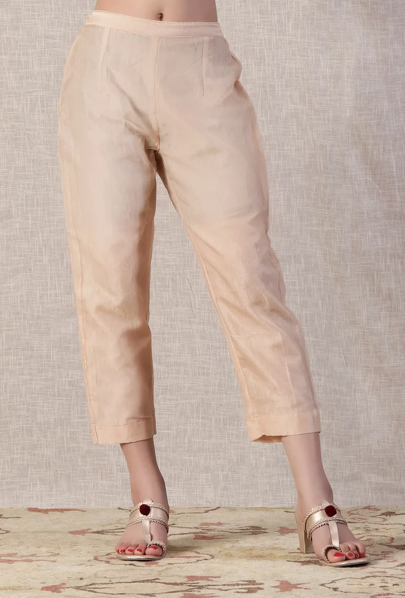 Butternut Peach Chanderi Straight Calf-Length Pants