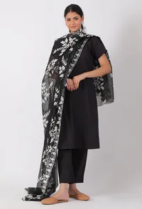 Black Chickoo Net Embroidered Dupatta image 1