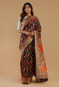 Kashmiri Inspired Floral Printed Silk Wool Saree with Unstitched Blouse image 1