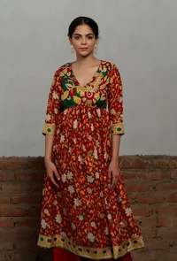Red Kalamkari Printed Cotton Silk Gathered Kurta image 1