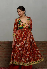 Red Kalamkari Printed Cotton Silk Gathered Kurta image 2