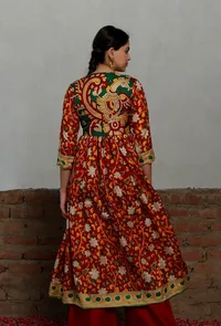 Red Kalamkari Printed Cotton Silk Gathered Kurta image 3