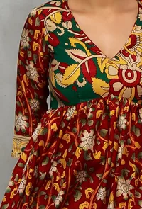 Red Kalamkari Printed Cotton Silk Gathered Kurta image 4