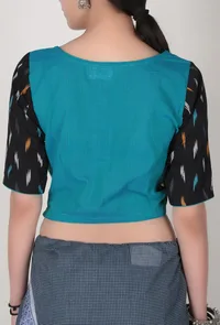 Turquoise Blouse With Black Ikat Patchwork Blouse image 2