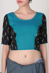 Turquoise Blouse With Black Ikat Patchwork Blouse image 3