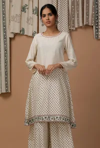 Off White Hand Block Printed Cotton Kurta image 1