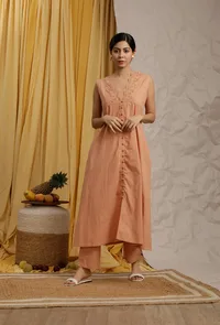 Set Of 3: Peach Cotton Schiffli Button Dress, Bustier Top & Narrow Pants image 1