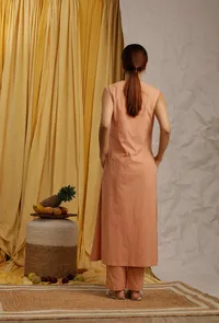 Set Of 3: Peach Cotton Schiffli Button Dress, Bustier Top & Narrow Pants image 2