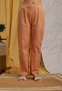 Set Of 3: Peach Cotton Schiffli Button Dress, Bustier Top & Narrow Pants image 3