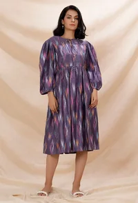 Purple Gathered And Flared Cotton Ikkat Dress image 1
