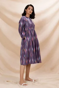 Purple Gathered And Flared Cotton Ikkat Dress image 2