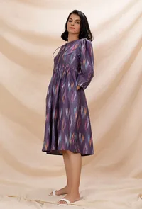 Purple Gathered And Flared Cotton Ikkat Dress image 3