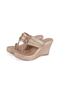 Shiny Golden Vegan Leather Kolhapuri Wedges image 2