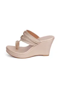 Shiny Golden Vegan Leather Kolhapuri Wedges image 3