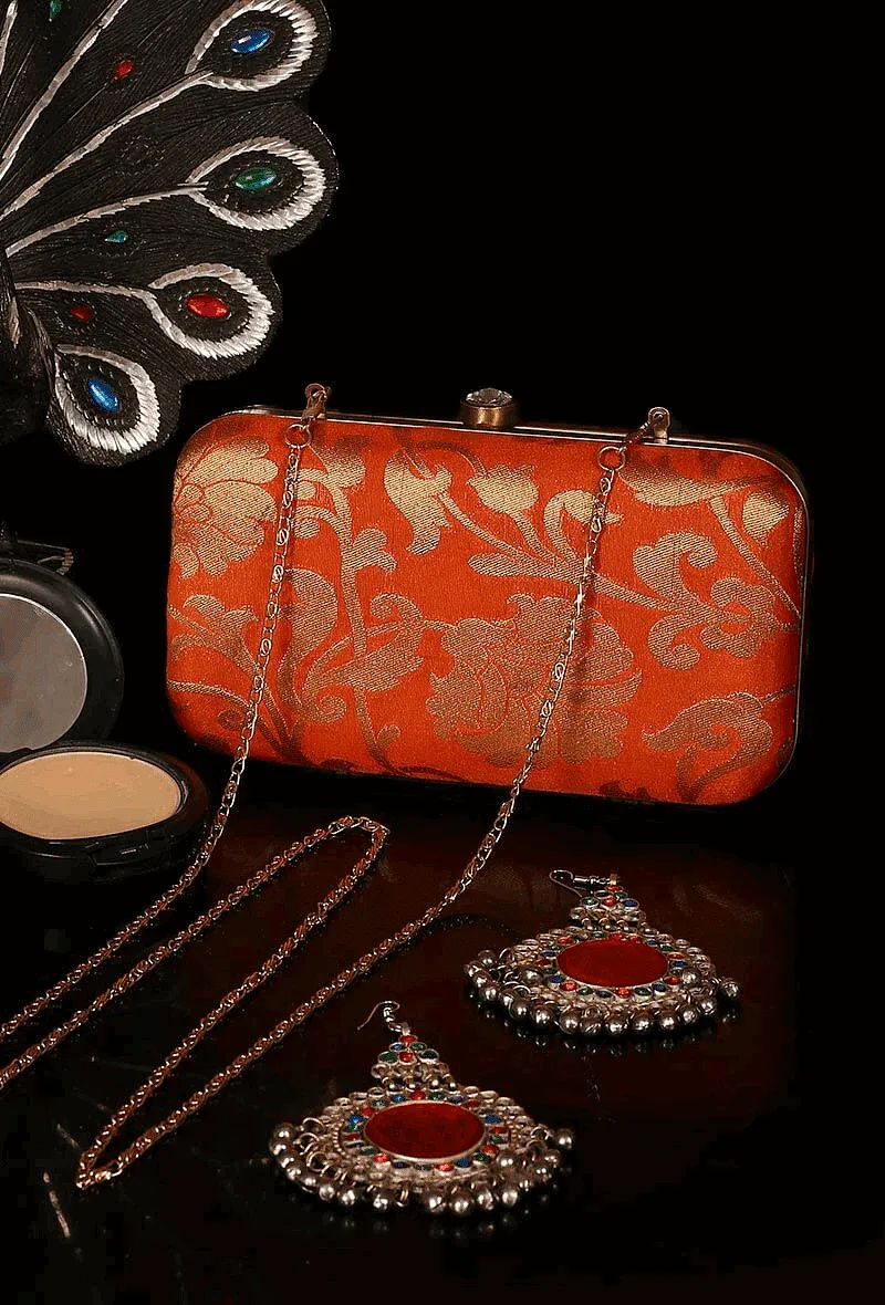 Tangerine Brocade Box Clutch with Sling (8 X 2 X 4.5)